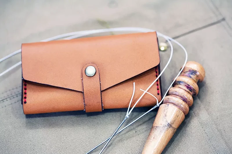 Handmade Camel Brown Leather & Red Stitch Business Card Case - Image 2