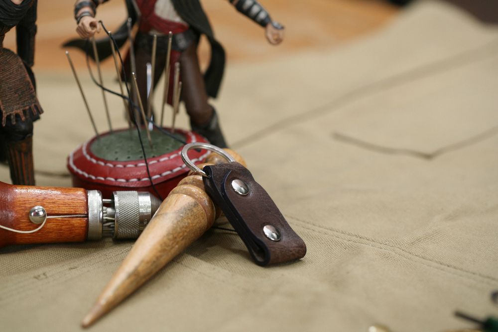 Handmade Brown Leather keyring with Dark blue Edges