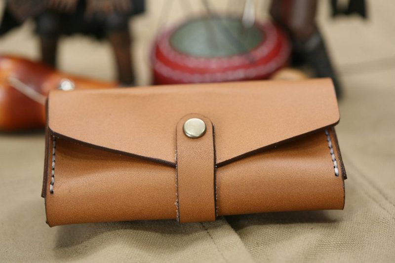 Handmade Camel Brown Leather & White Stitch Business Card Case