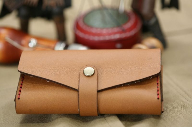 Handmade Camel Brown Leather & Red Stitch Business Card Case - Image 5