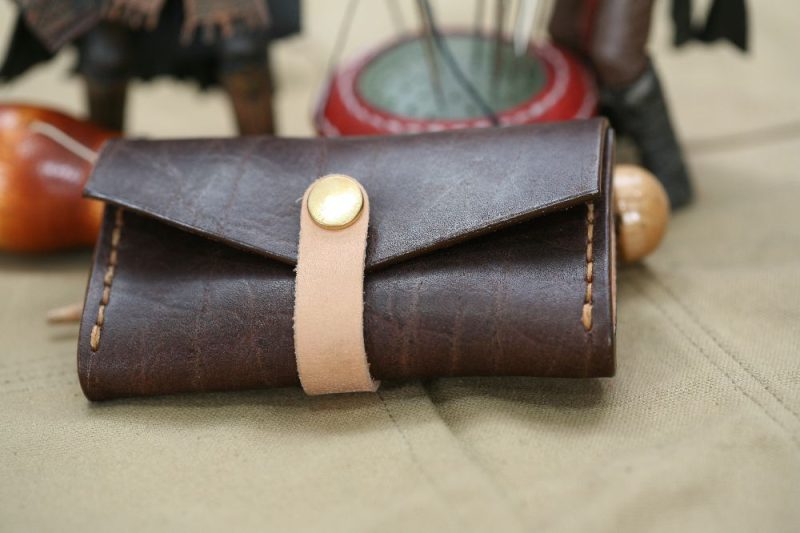 Handmade Dark Brown Leather & camel Stitch Business Card Case