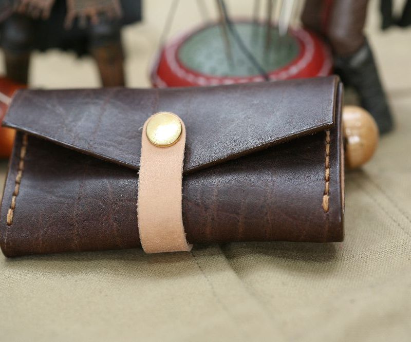 Handmade Dark Brown Leather & camel Stitch Business Card Case