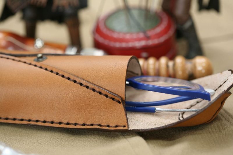 Handmade Camel Brown & Green Stitch Eyeglasses Case - Image 2