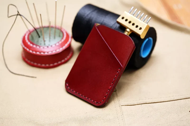 Handmade Burgundy Leather & Purple Stitch Business Card Case - Image 2