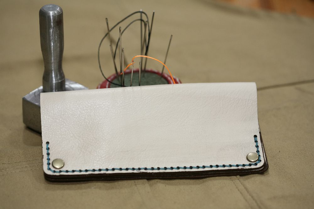 Handmade Cream Leather Tobacco Case with Blue Stitch