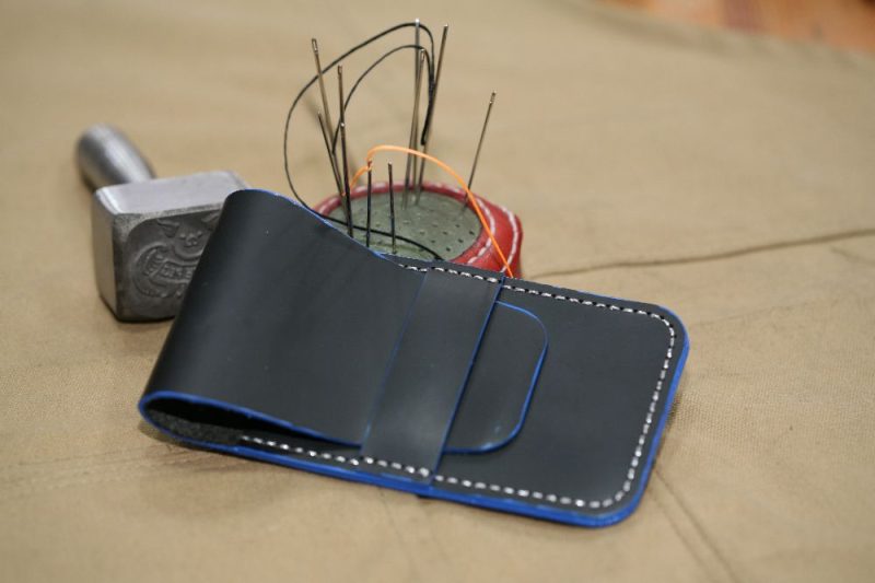 Handmade Black Leather Watch pouch with Silver Stitch