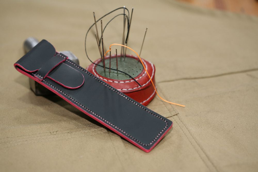 Handmade Black Glossy Leather & Pink Stitch Pen Case