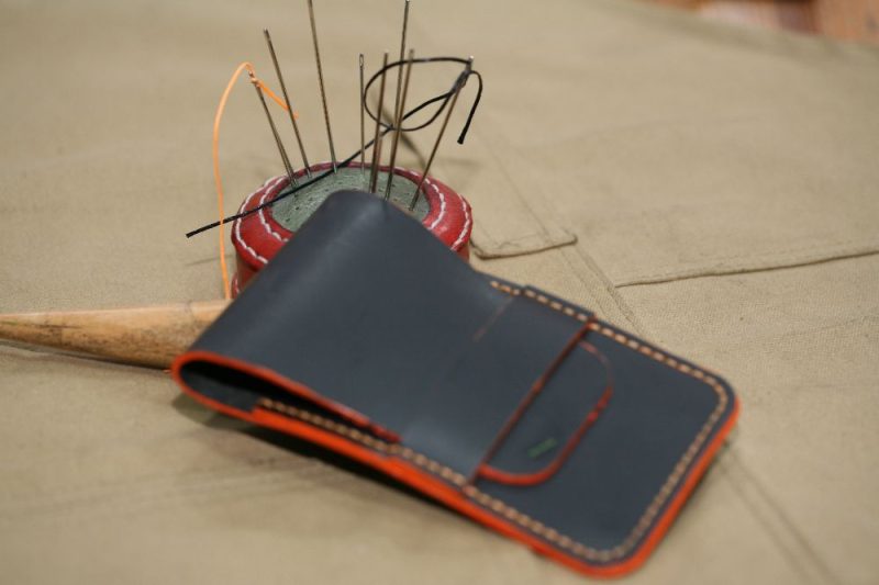 Handmade Black Leather Watch pouch with orange Stitch
