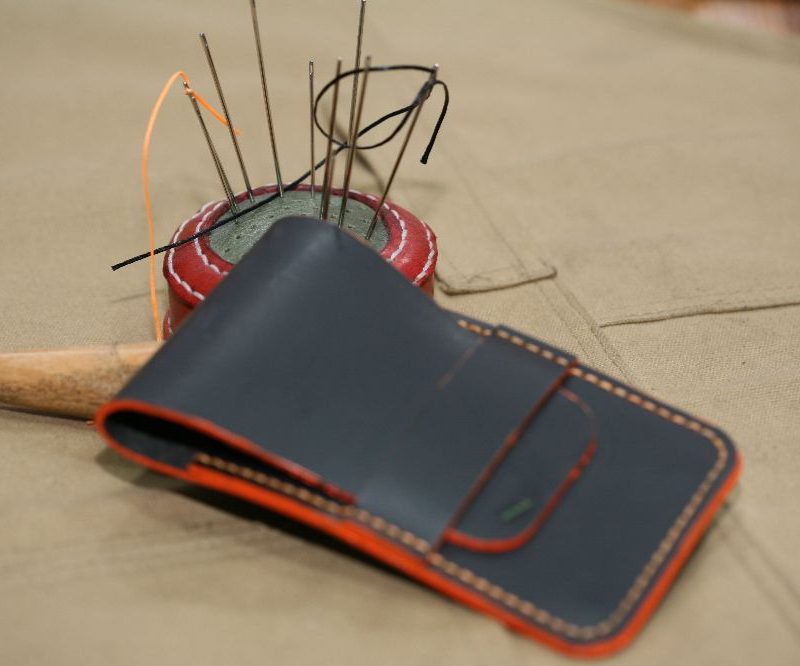 Handmade Black Leather Watch pouch with orange Stitch