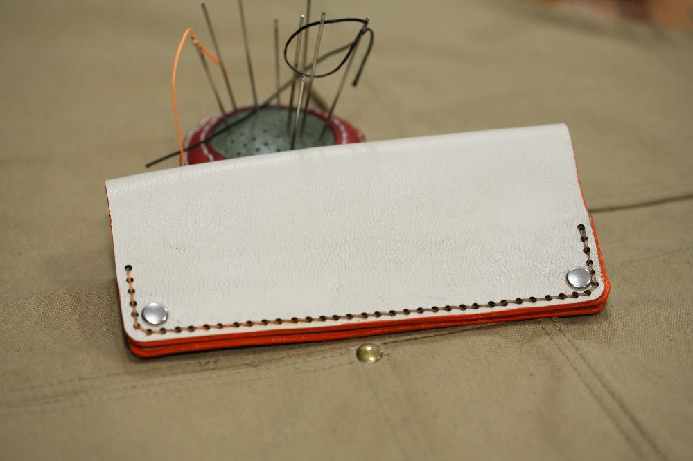 Handmade Cream Leather Tobacco Case with orange stitch