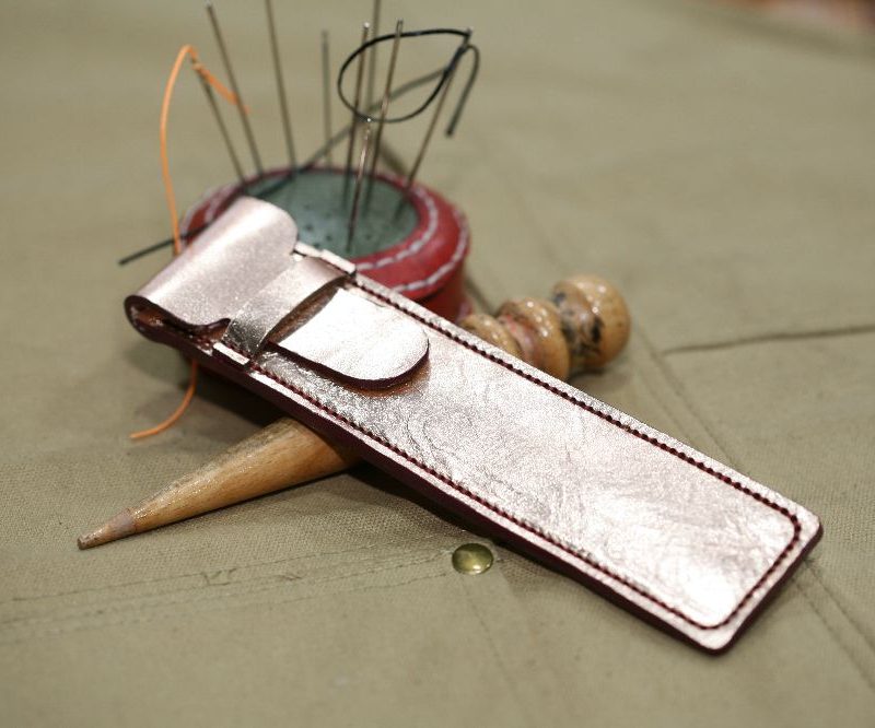 Handmade Gold Leather & Purple Stitch Pen Case