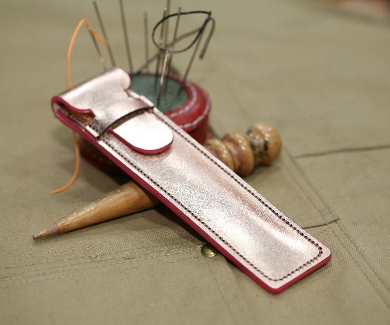 Handmade Gold Leather & Pink Stitch Pen Case
