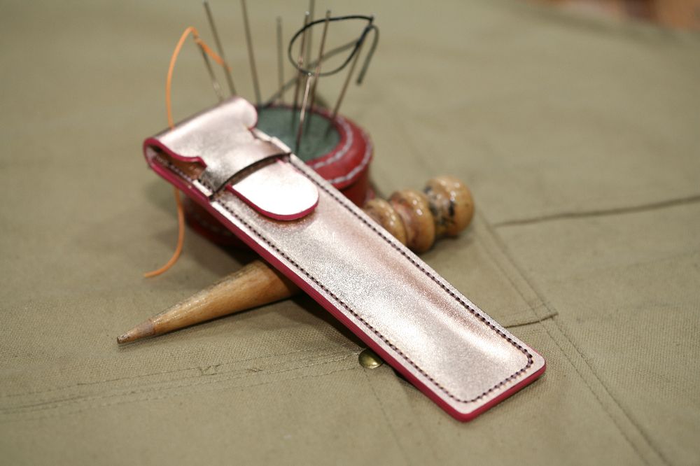 Handmade Gold Leather & Pink Stitch Pen Case