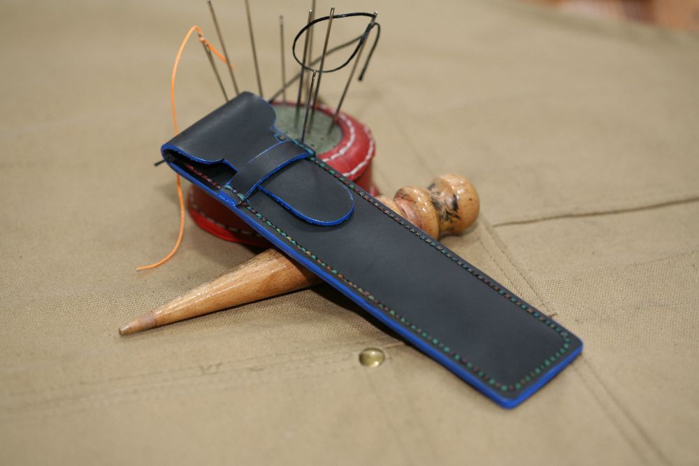 Handmade Black Glossy Leather & Blue Stitch Pen Case