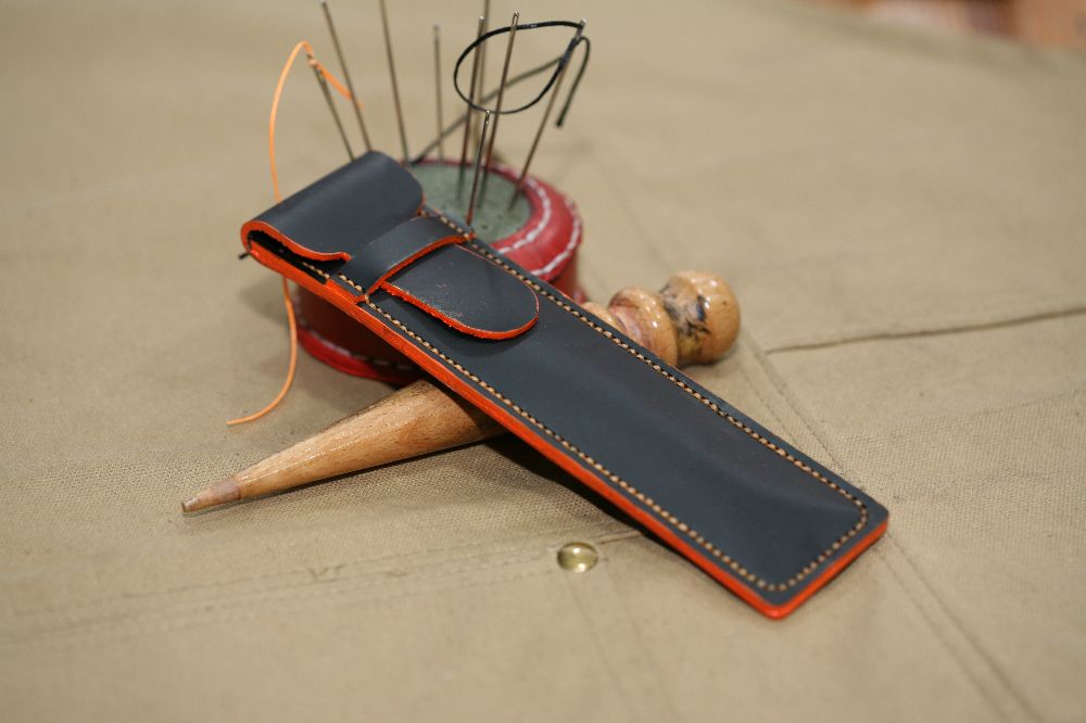 Handmade Black Glossy Leather & Orange Stitch Pen Case