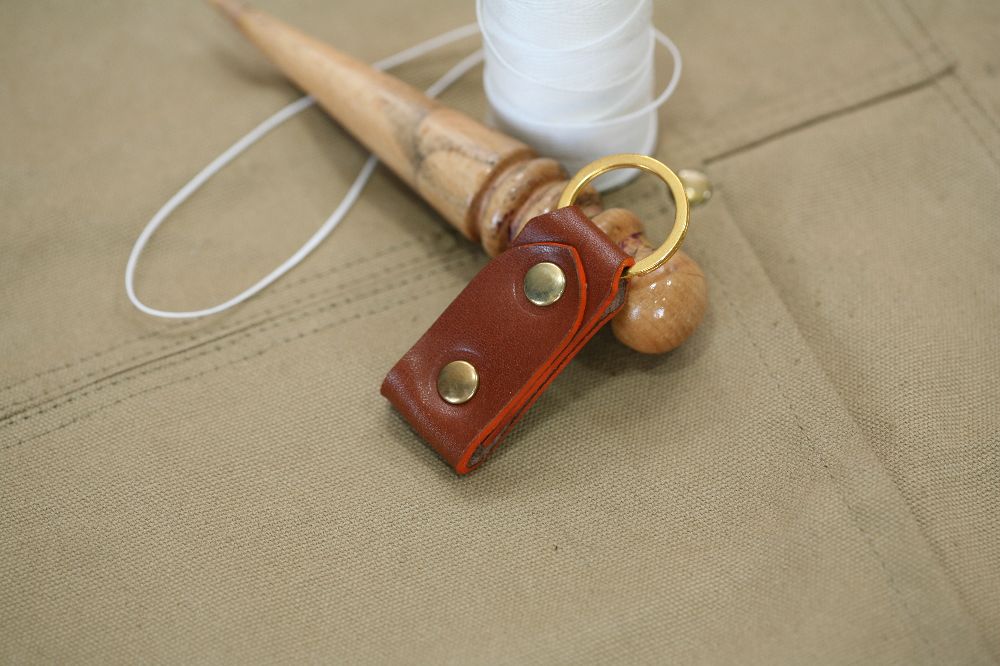 Handmade Camel Brown Leather keyring with Orange Edges