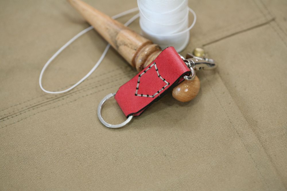 Handmade Red Leather and White stitch keyring