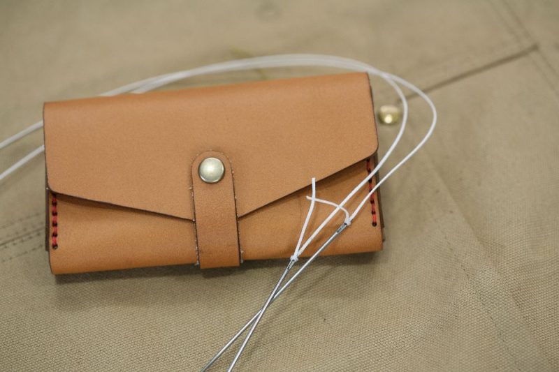 Handmade Camel Brown Leather & Red Stitch Business Card Case