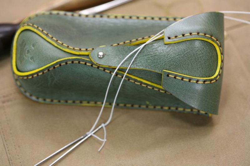 Handmade Green Leather & Yellow Stitch Eyeglasses Case