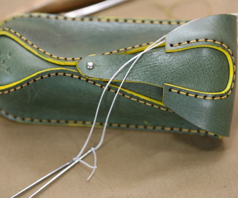 Handmade Green Leather & Yellow Stitch Eyeglasses Case