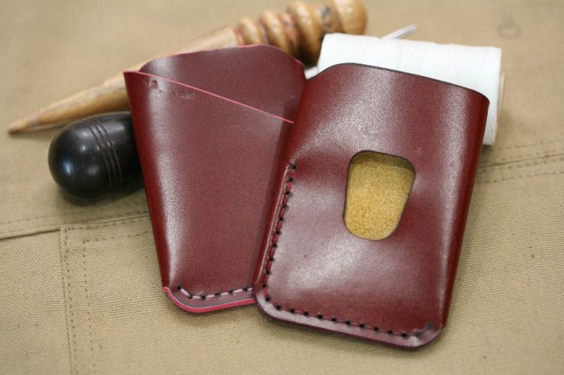 Handmade Burgundy Leather & Purple Stitch Business Card Case