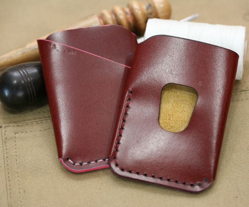 Handmade Burgundy Leather & Purple Stitch Business Card Case
