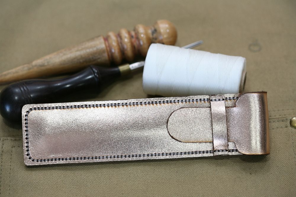 Handmade Gold Leather & White Stitch Pen Case