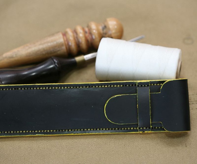 Handmade Black Glossy Leather & Yellow Stitch Pen Case