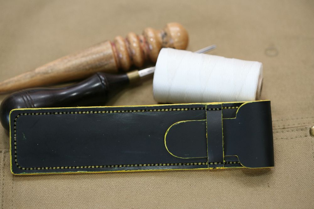 Handmade Black Glossy Leather & Yellow Stitch Pen Case