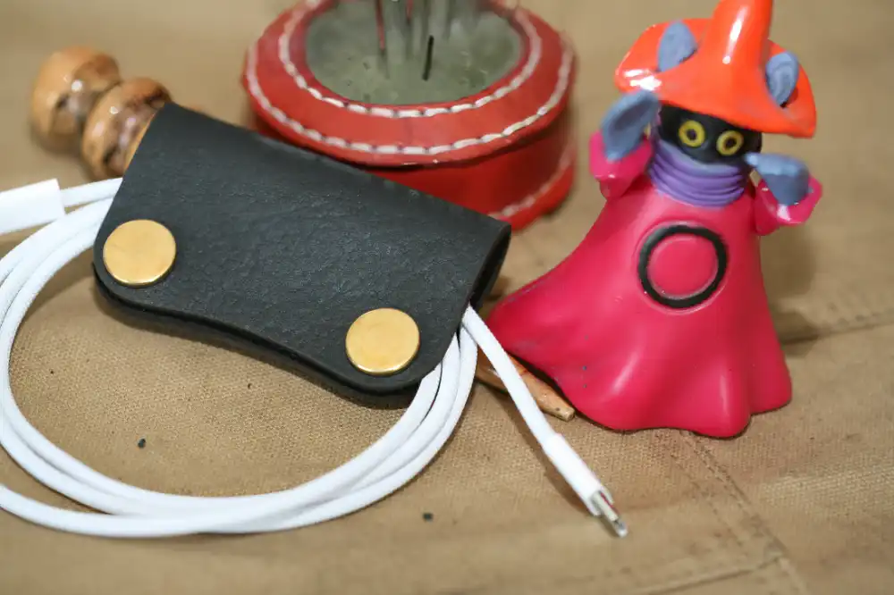 Handmade Black Leather wire organizer with Gold Button